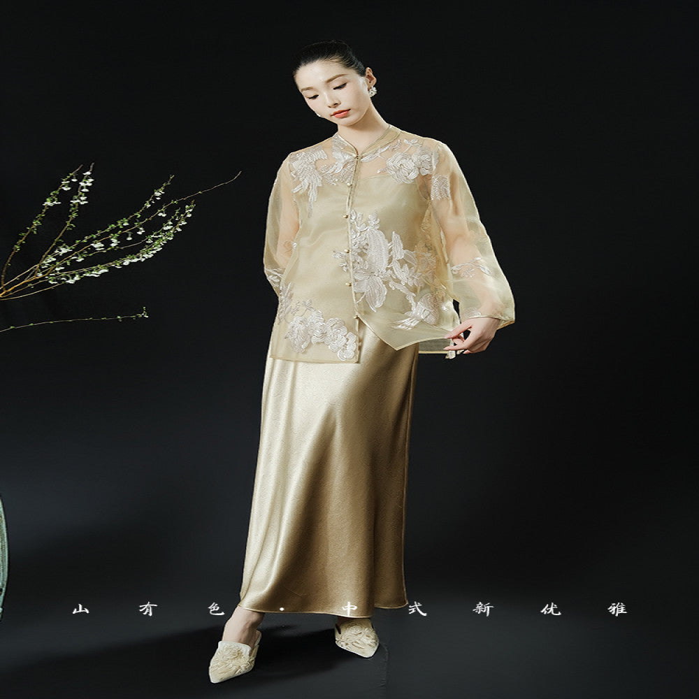 Mountain colored twilight Chinese style new embroidered top with sun protection cover high end silk embroidered top image 4