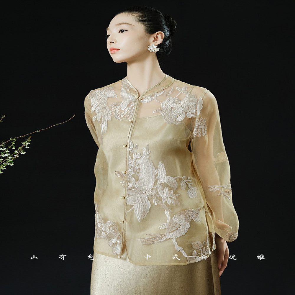 Mountain colored twilight Chinese style new embroidered top with sun protection cover high end silk embroidered top image 9
