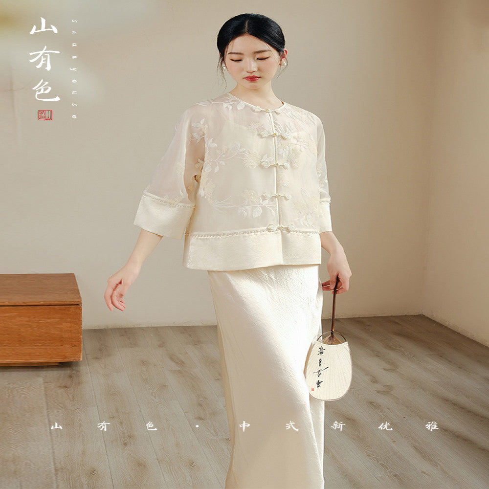 Mountain Colored Blue Smoke Silk New Chinese Style Heavy Industry Embroidery New Versatile Summer Silk Shirt Set image 10