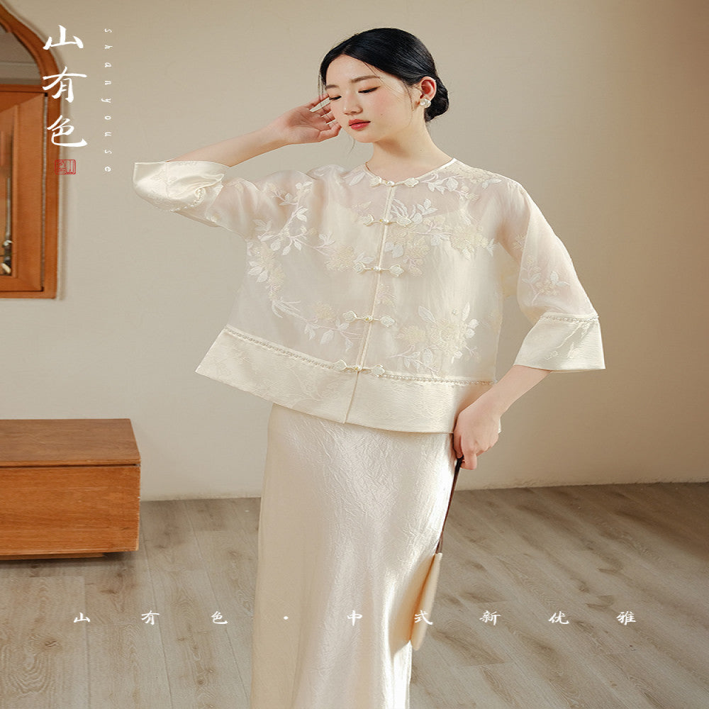 Mountain Colored Blue Smoke Silk New Chinese Style Heavy Industry Embroidery New Versatile Summer Silk Shirt Set image 18