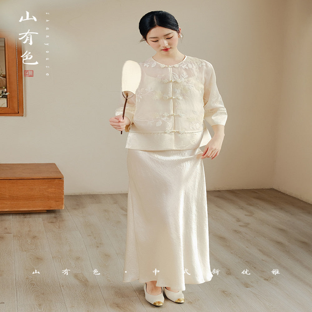 Mountain Colored Blue Smoke Silk New Chinese Style Heavy Industry Embroidery New Versatile Summer Silk Shirt Set image 7