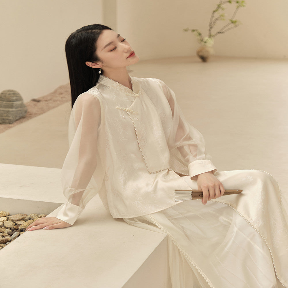 Mountain Colored Summer New Chinese Style Women s Clothing Improvement Qipao Top Zen Tea Clothes Rice White Half Skirt Set image 0