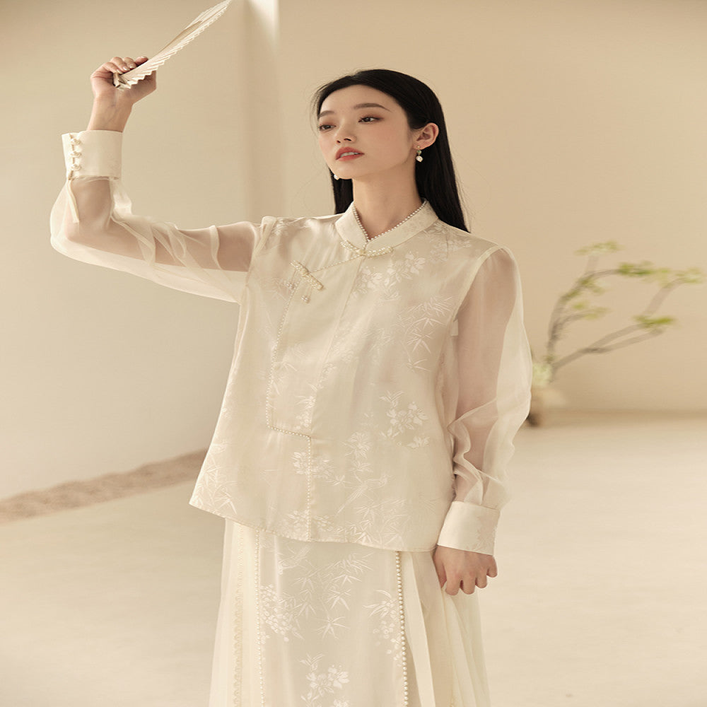 Mountain Colored Summer New Chinese Style Women s Clothing Improvement Qipao Top Zen Tea Clothes Rice White Half Skirt Set image 17