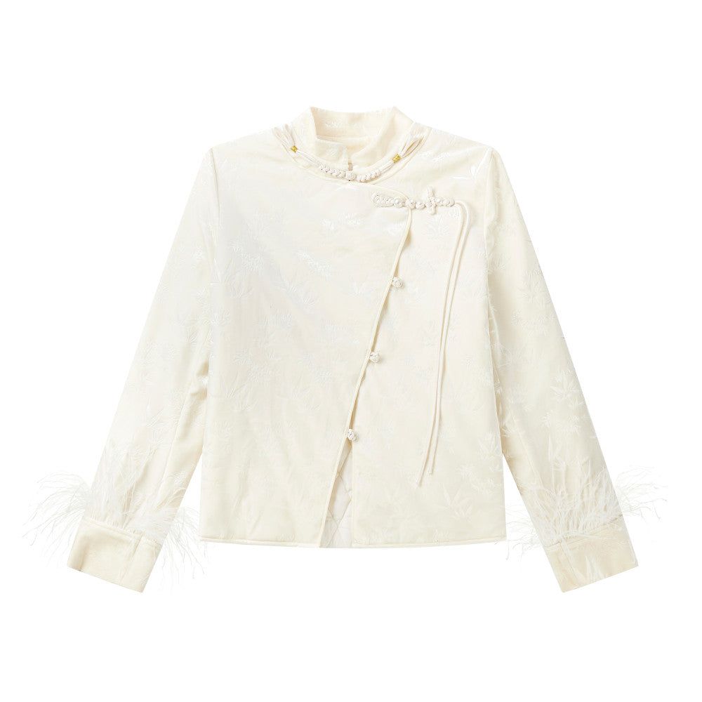 50 off Clearance Republic of China Auntie s New Chinese style White Pan Button Embroidered Ostrich Wool Cotton Coat Coat Top image 7