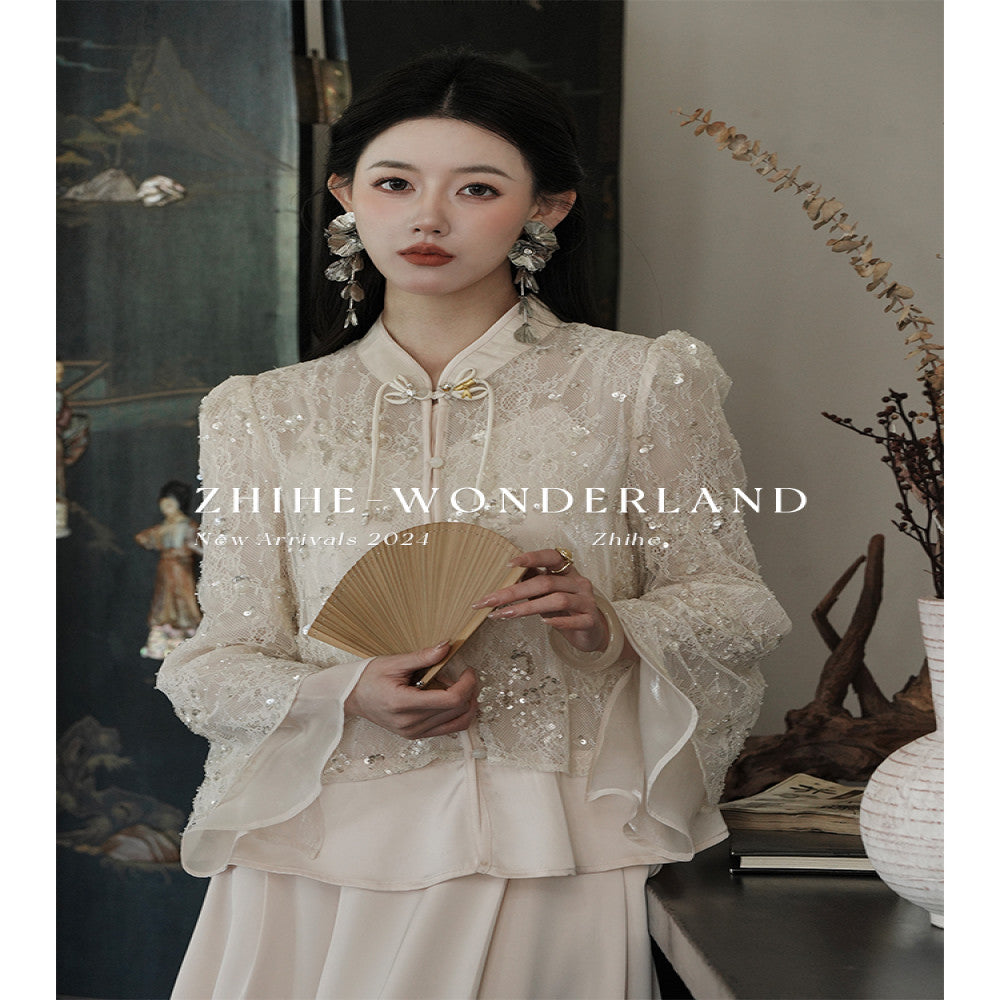 Wonderland Firefly Flying Flower Original Lace Embroidered Bead Top Soft Satin Strap Half Skirt Set image 1