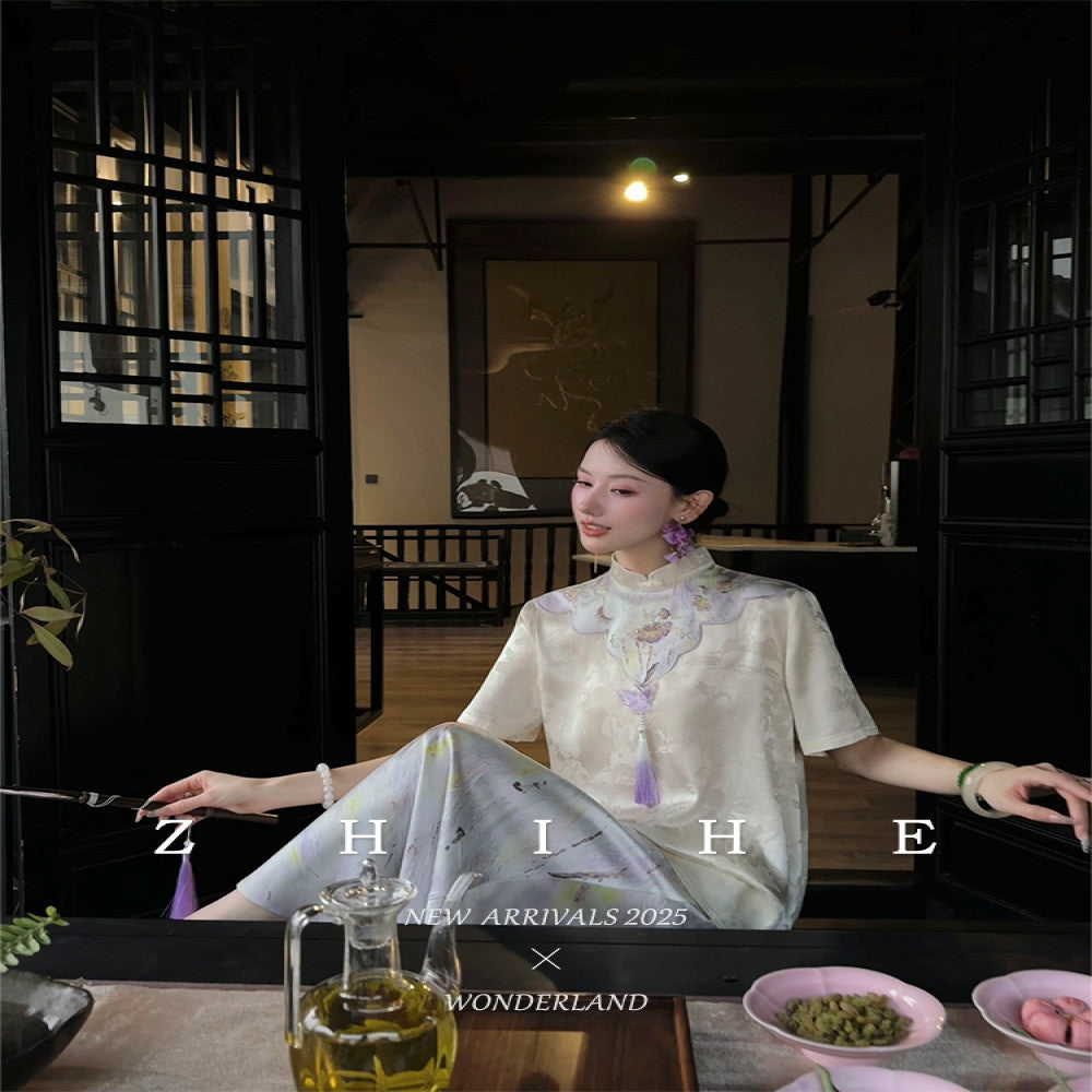 Wuyan Yihe Mei Dai New Chinese Style Silk Jacquard Heavy Embroidery Top Bleach Purple Skirt Pants image 3