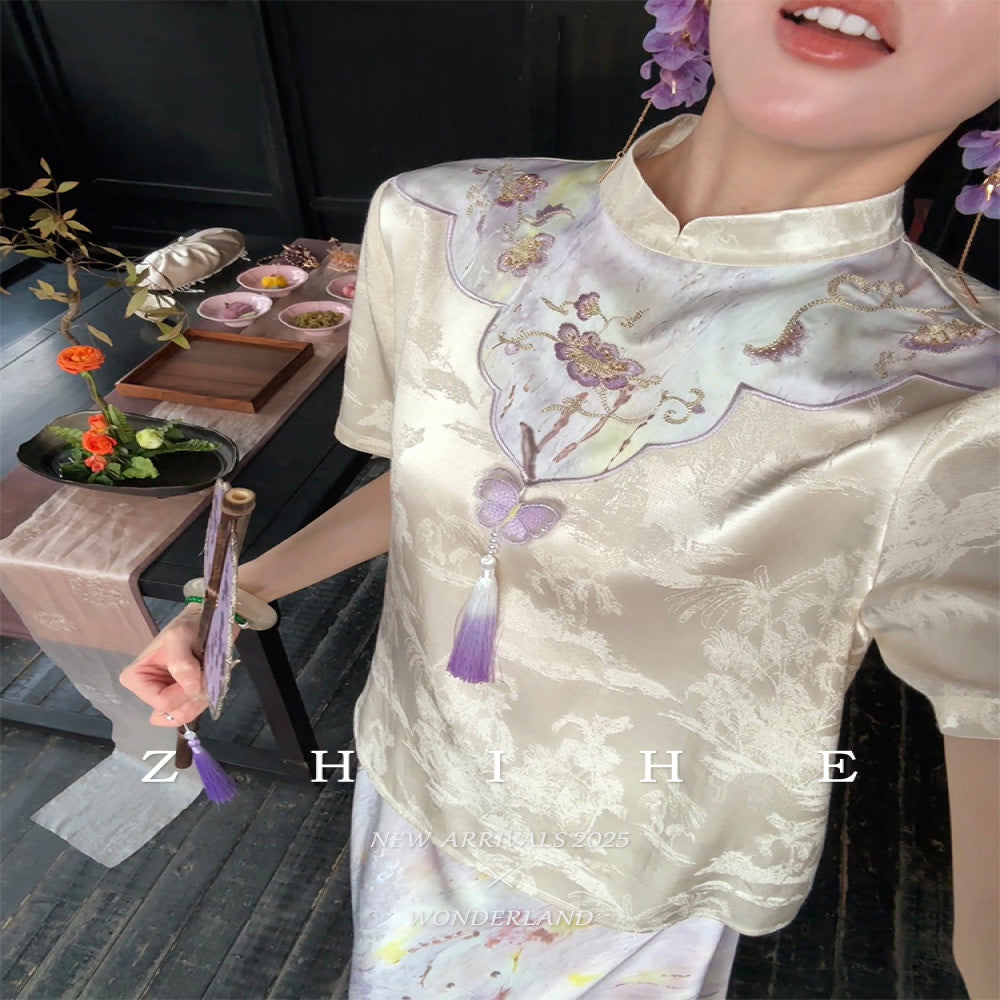 Wuyan Yihe Mei Dai New Chinese Style Silk Jacquard Heavy Embroidery Top Bleach Purple Skirt Pants image 5