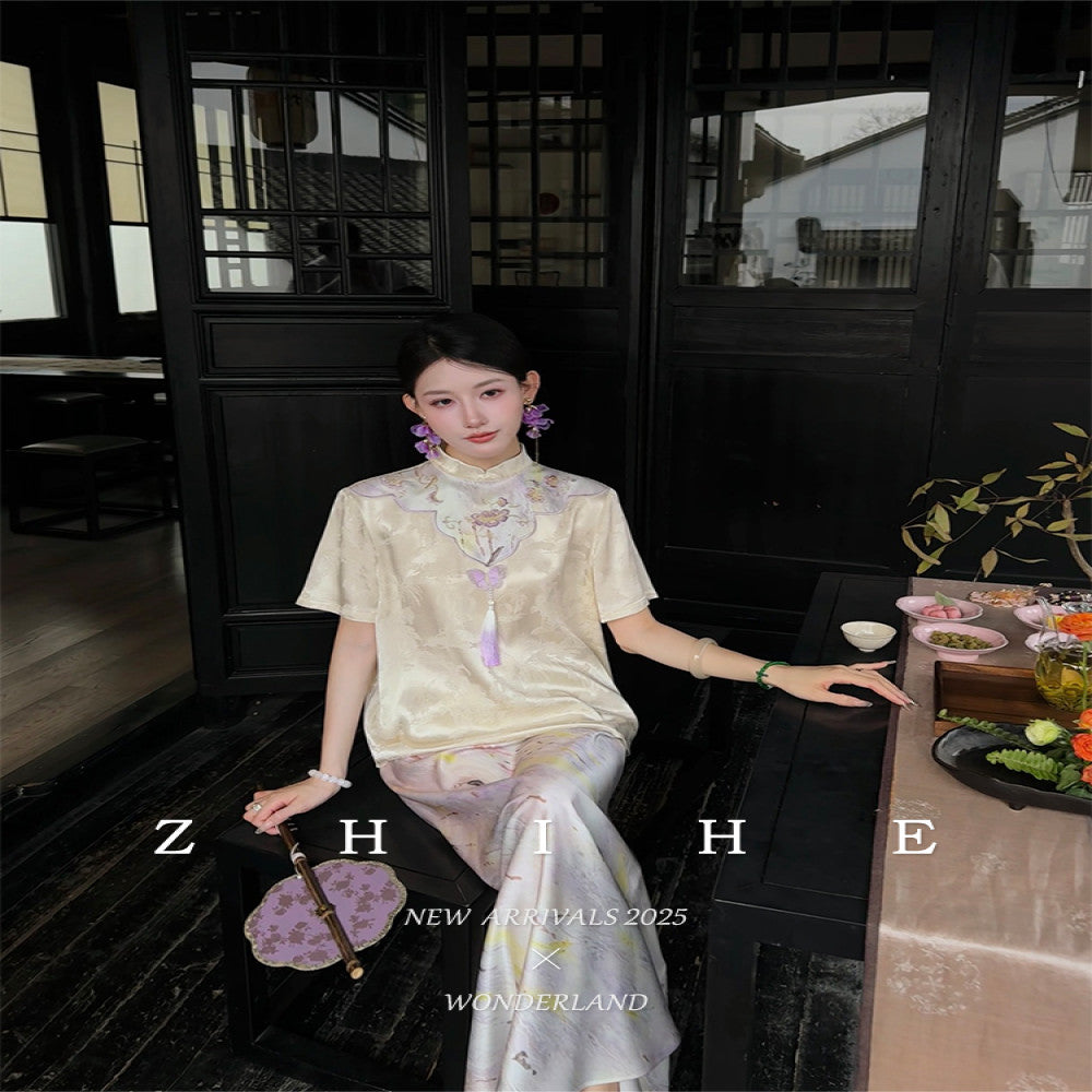Wuyan Yihe Mei Dai New Chinese Style Silk Jacquard Heavy Embroidery Top Bleach Purple Skirt Pants image 0