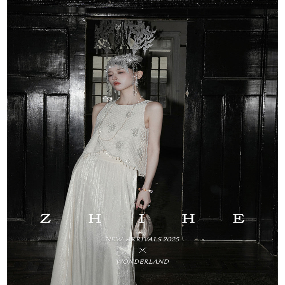 Wuyan Yihe Floating World Elegy Light Luxury Wind Style Su Two Wear Tank Top Hundred Fold Half Skirt Gold Set image 1