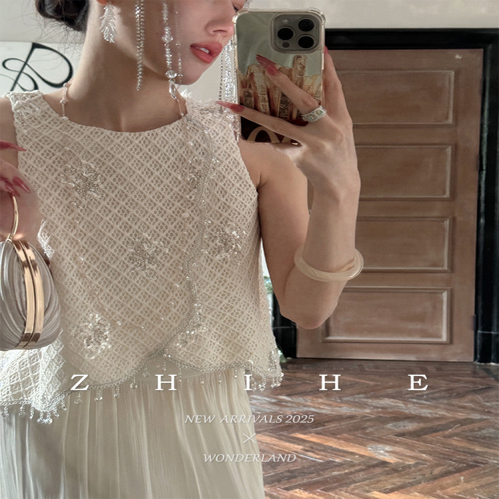 Wuyan Yihe Floating World Elegy Light Luxury Wind Style Su Two Wear Tank Top Hundred Fold Half Skirt Gold Set image 2