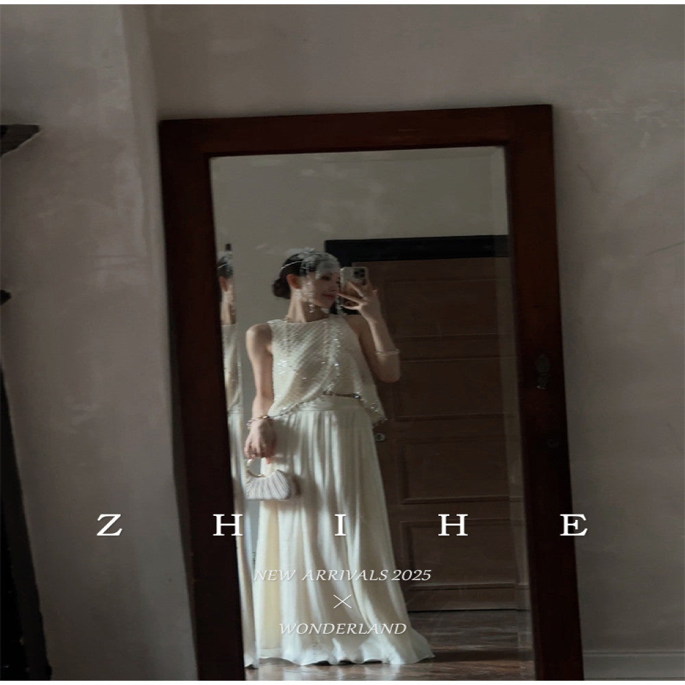 Wuyan Yihe Floating World Elegy Light Luxury Wind Style Su Two Wear Tank Top Hundred Fold Half Skirt Gold Set image 5