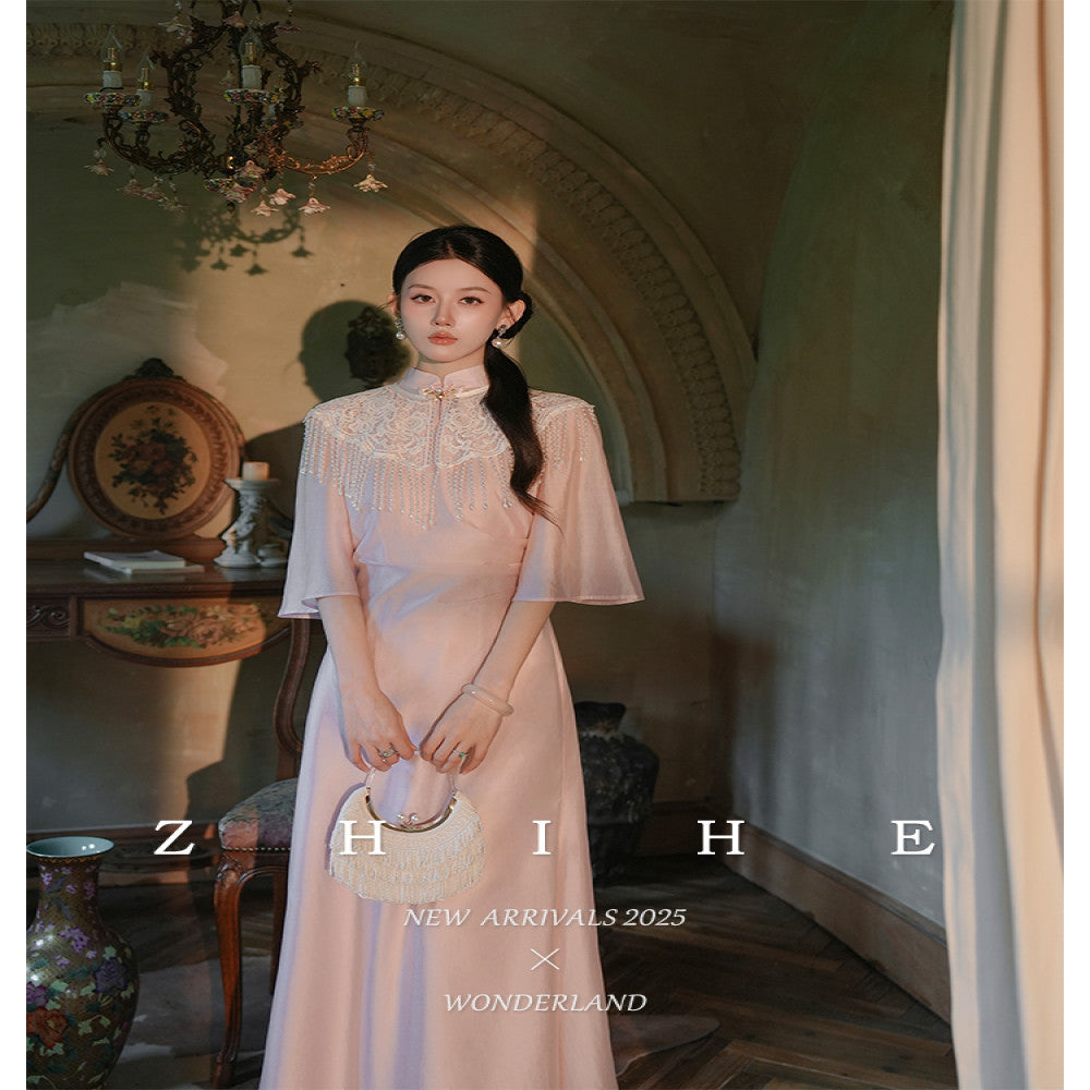 Wuyan Yihe Yingjin New Chinese style Acetic Acid Heavy Industry Embroidered Vest Tencel Pinched Cheongsam Dress image 2