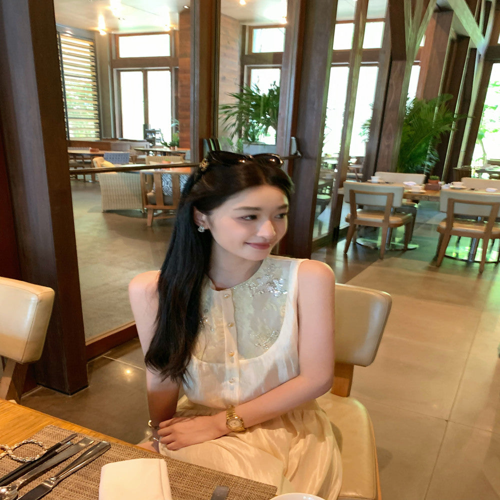 CCHEN Chen Qingwan Mu New Chinese style sleeveless top women s heavy industry sequin vest Chinese style wide leg pants set image 5