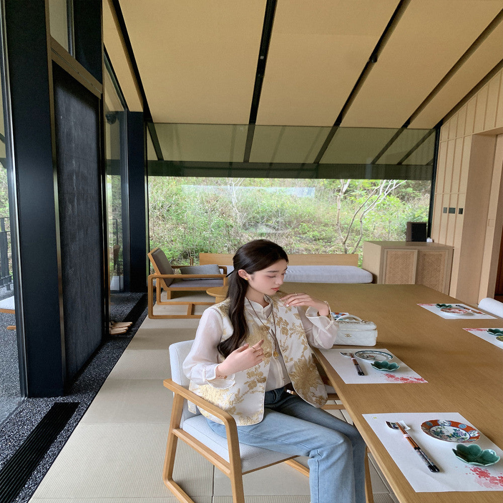 CChen Chen Xiafeng Yulu National style new Chinese style bamboo leaf collar shirt embroidered vest high end set image 2