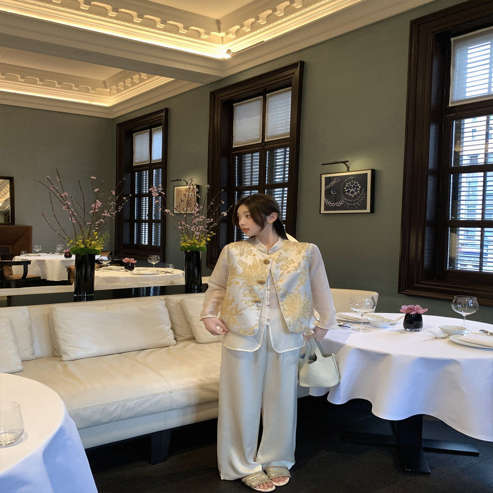 CChen Chen Xiafeng Yulu National style new Chinese style bamboo leaf collar shirt embroidered vest high end set image 3