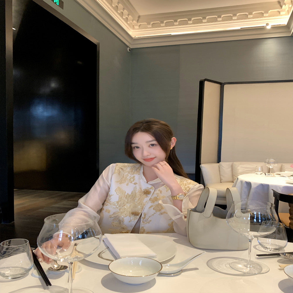 CChen Chen Xiafeng Yulu National style new Chinese style bamboo leaf collar shirt embroidered vest high end set image 5