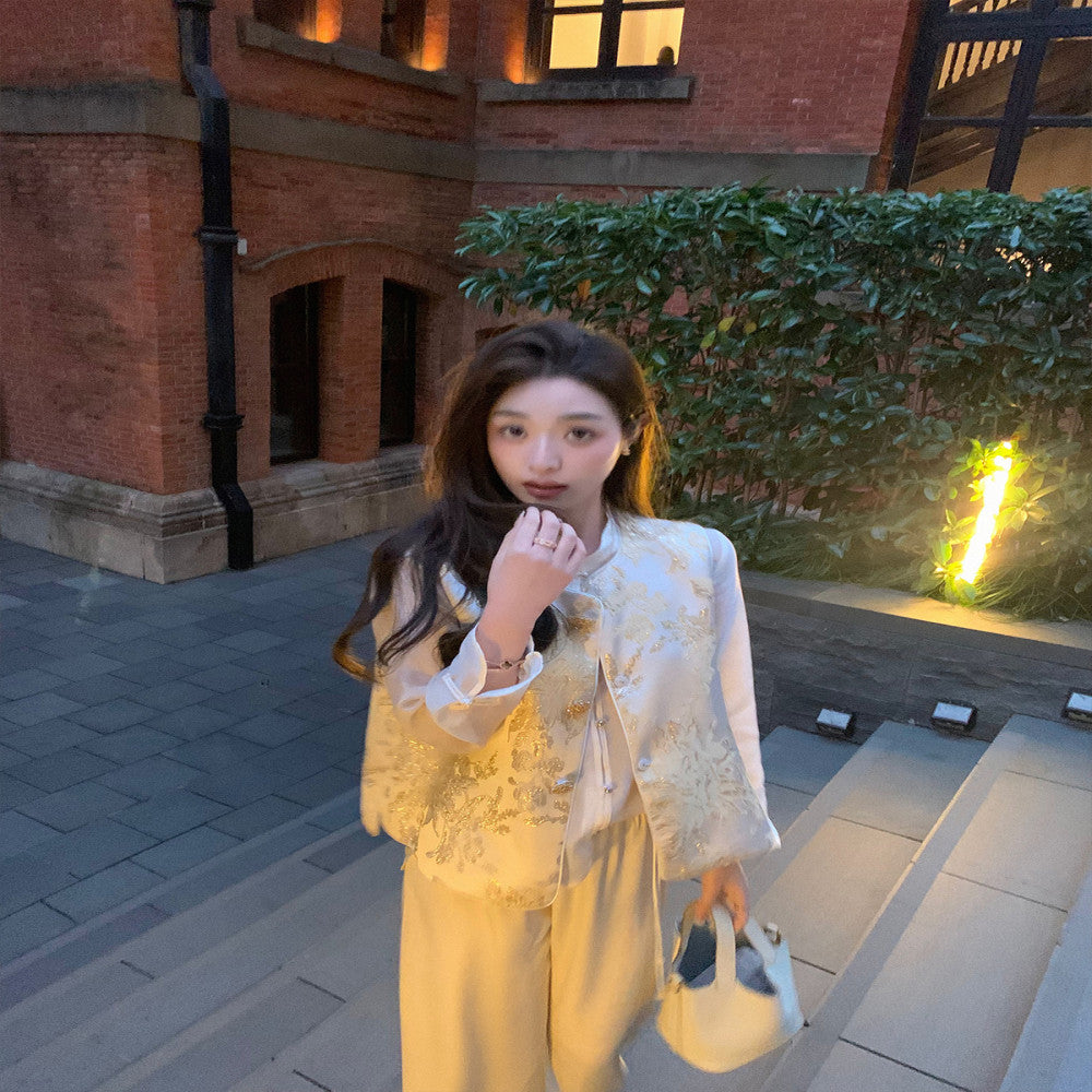 CChen Chen Xiafeng Yulu National style new Chinese style bamboo leaf collar shirt embroidered vest high end set image 0