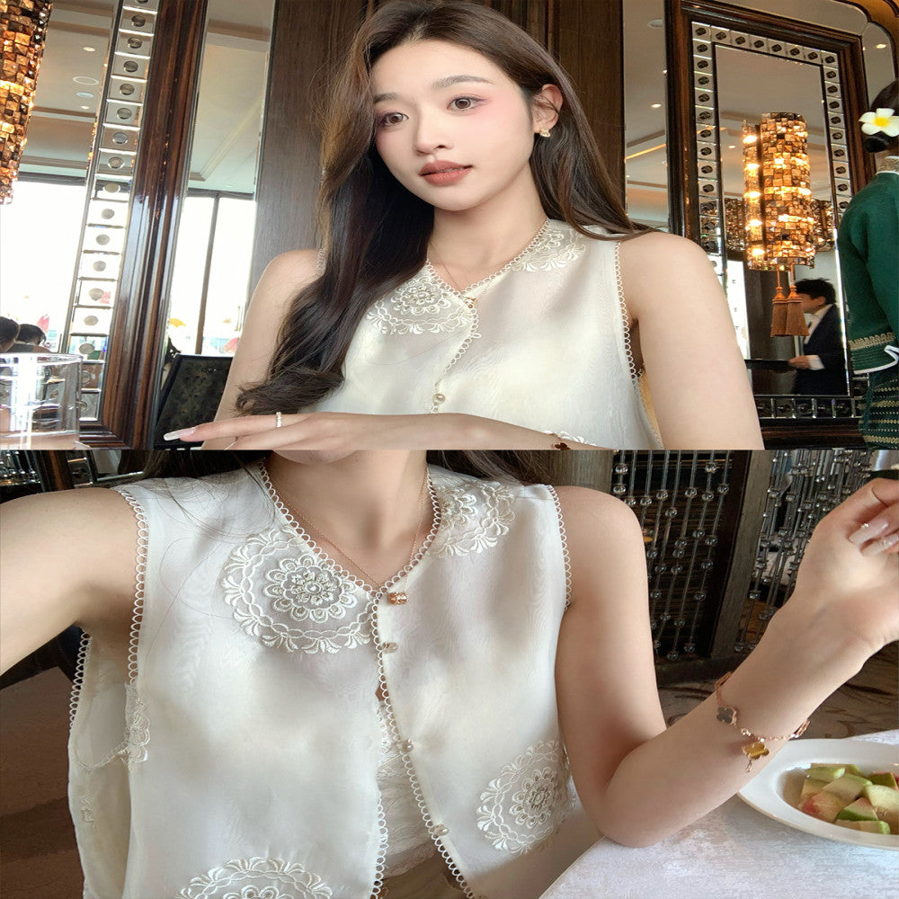 CChen Chen Quiet Floating Shadow 100 Mulberry Silk Vest Shirt Set Women s New Chinese Style Sleeveless Top image 8