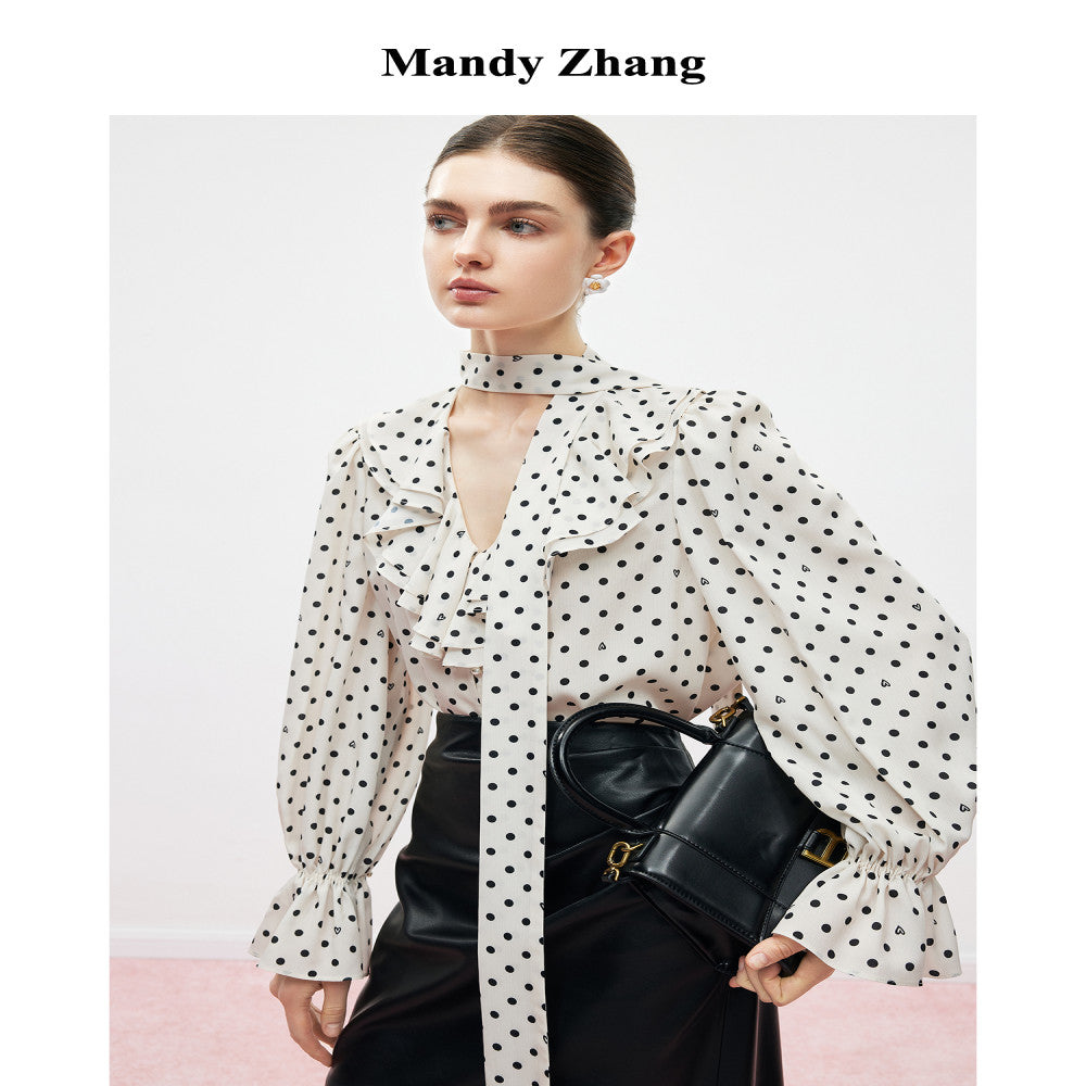 MandyZhang French bow ribbon retro love polka dot shirt women s autumn V neck temperament long sleeved top image 0