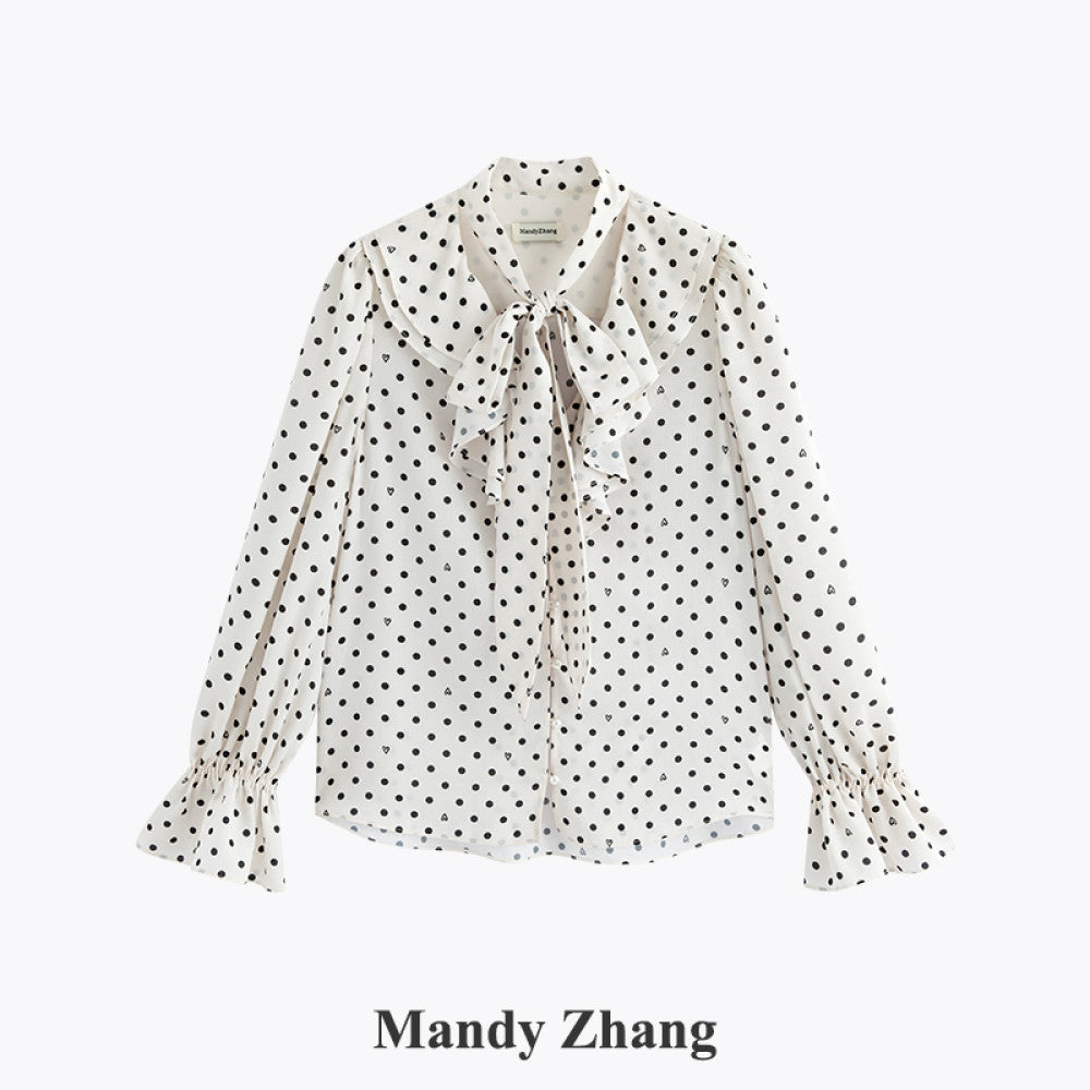 MandyZhang French bow ribbon retro love polka dot shirt women s autumn V neck temperament long sleeved top image 13