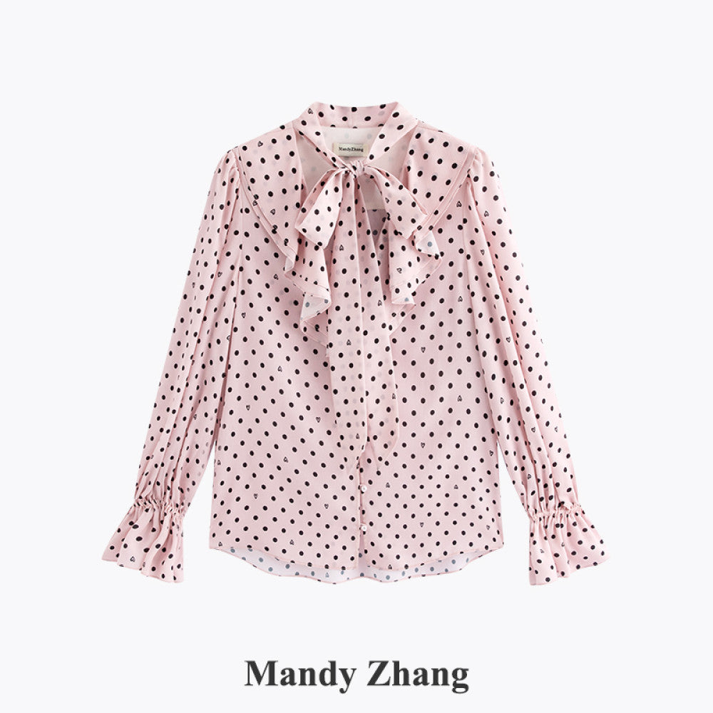 MandyZhang French bow ribbon retro love polka dot shirt women s autumn V neck temperament long sleeved top image 18