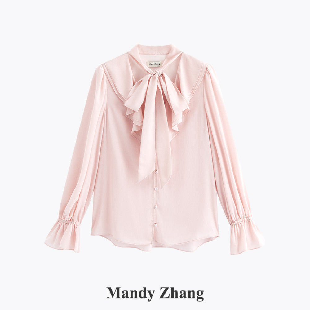 MandyZhang French bow ribbon retro love polka dot shirt women s autumn V neck temperament long sleeved top image 29