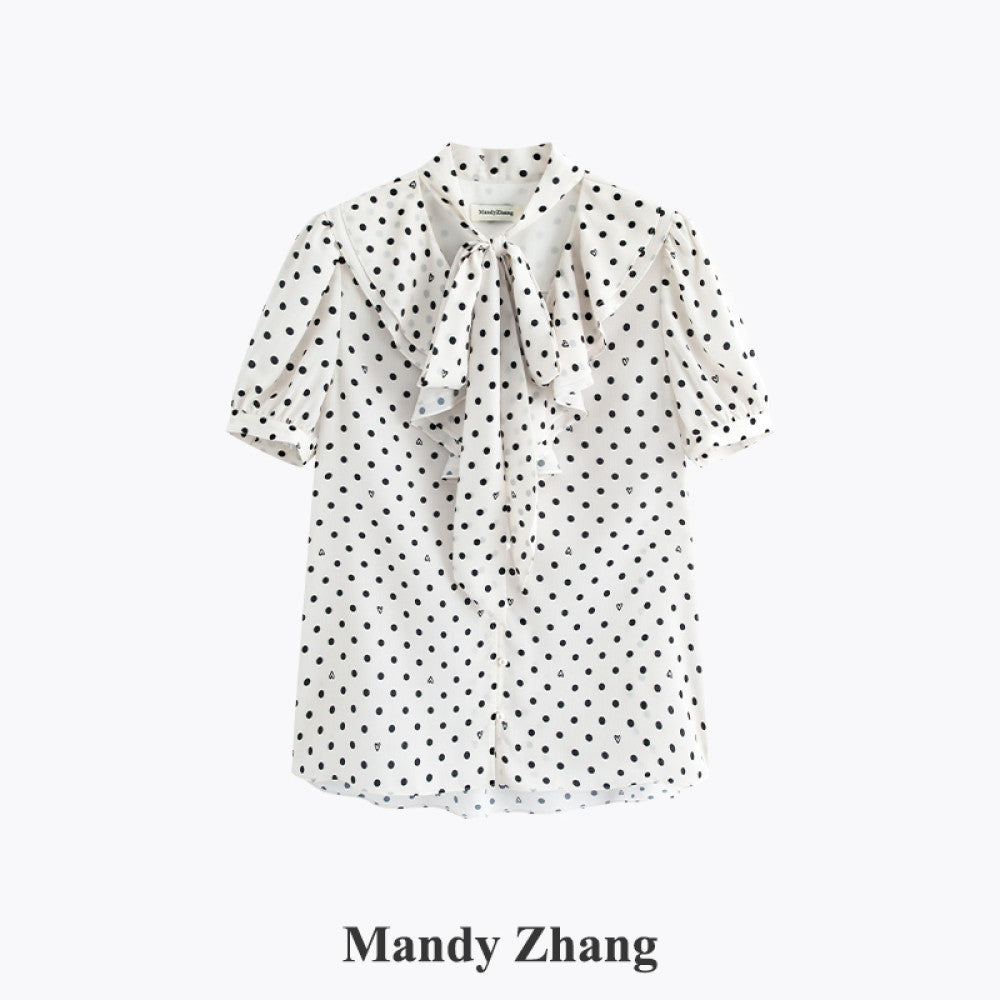 MandyZhang French bow ribbon retro love polka dot shirt women s autumn V neck temperament long sleeved top image 37