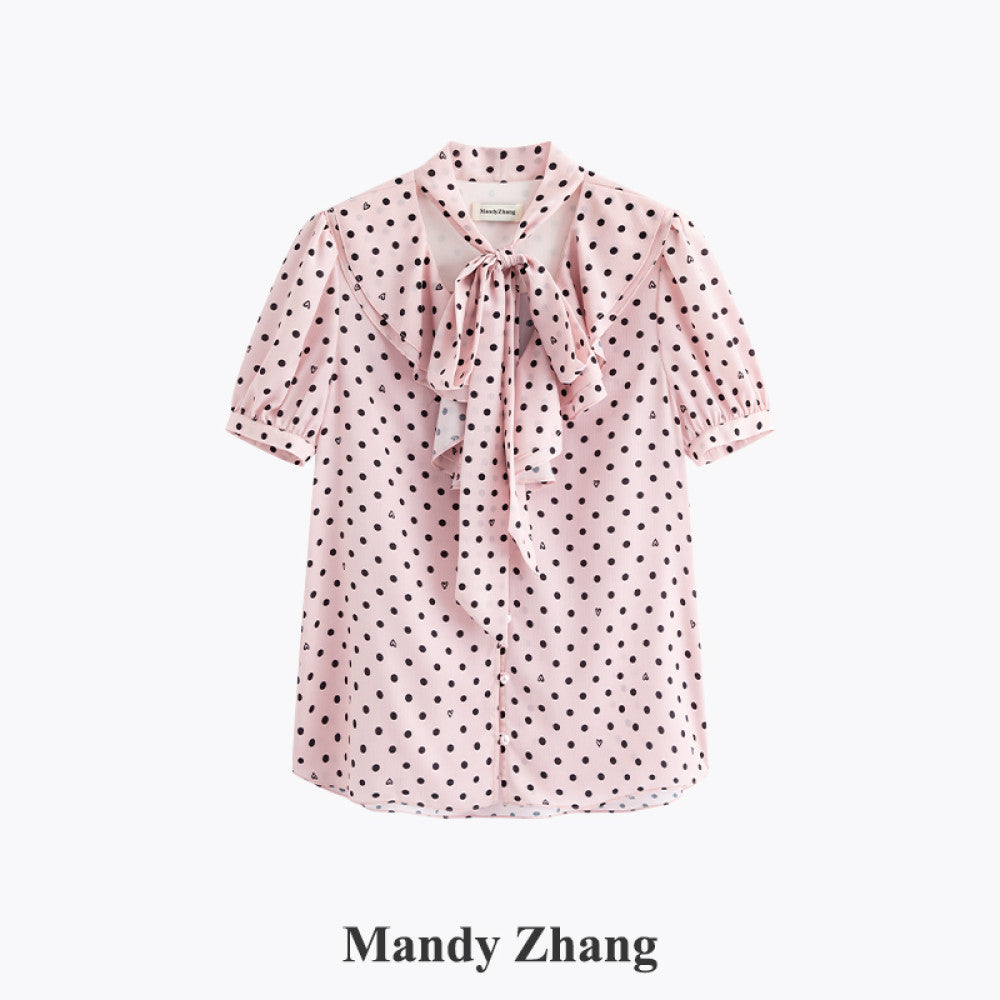 MandyZhang French bow ribbon retro love polka dot shirt women s autumn V neck temperament long sleeved top image 45