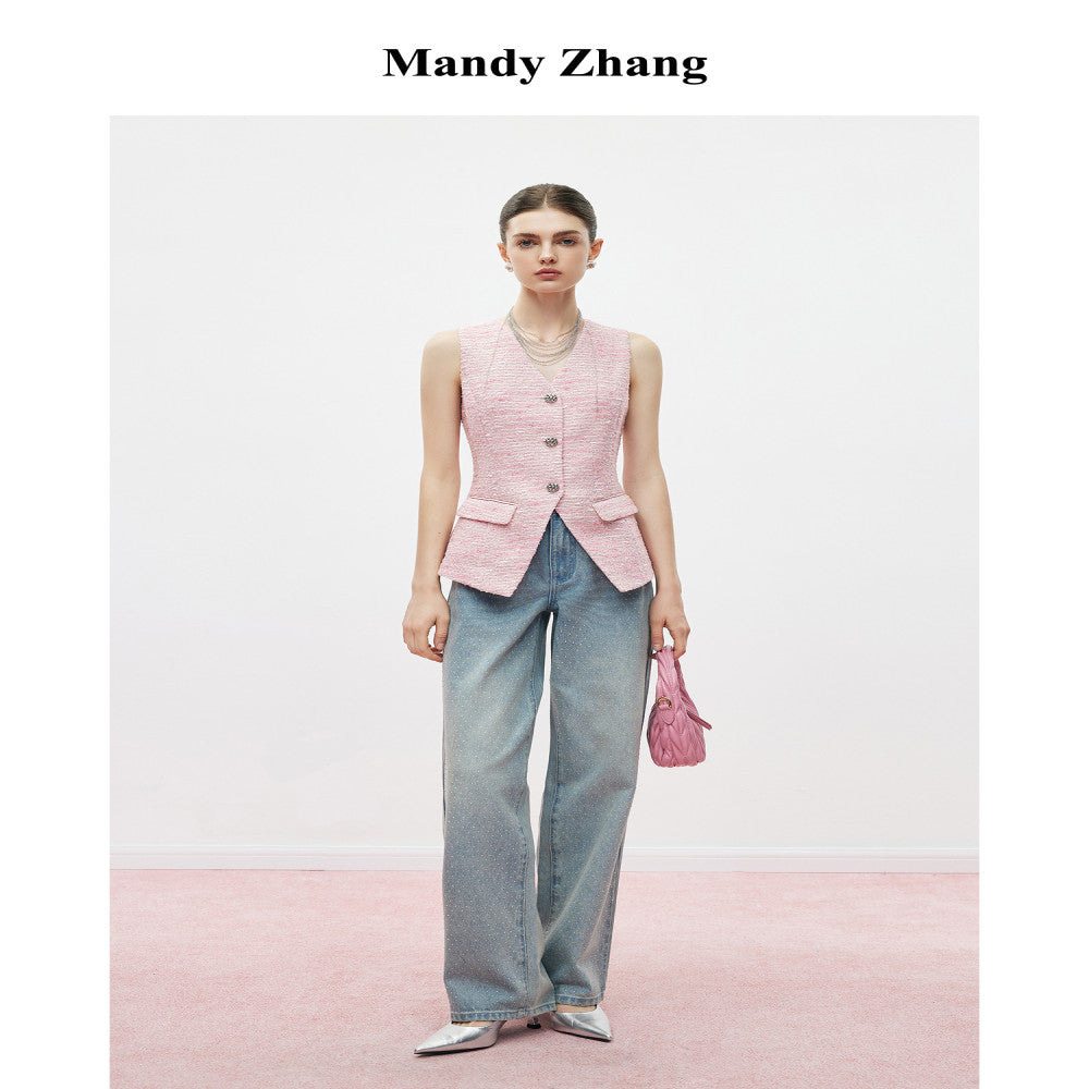 MandyZhang delicate floral yarn strawberry powder V neck small fragrant style vest women s autumn temperament vest top image 3