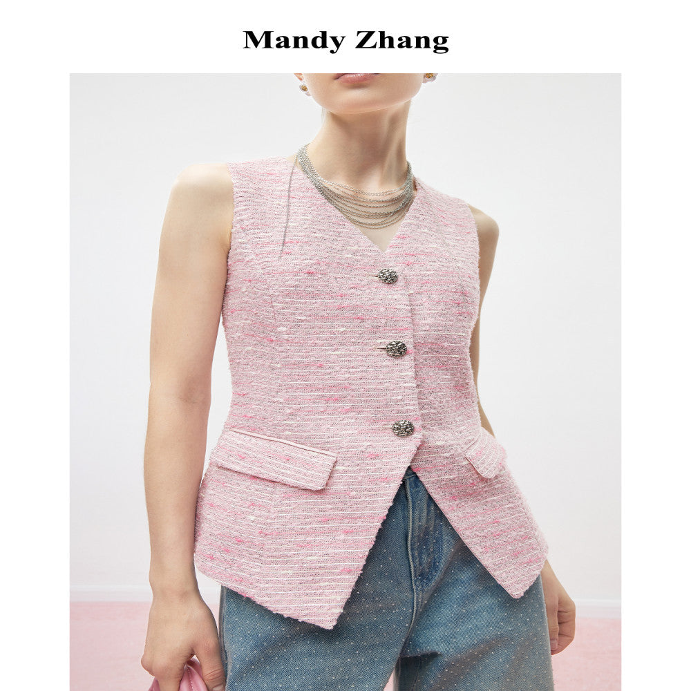 MandyZhang delicate floral yarn strawberry powder V neck small fragrant style vest women s autumn temperament vest top image 4