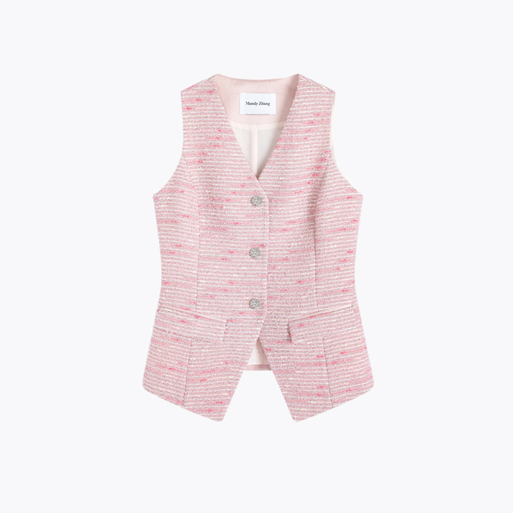 MandyZhang delicate floral yarn strawberry powder V neck small fragrant style vest women s autumn temperament vest top image 6