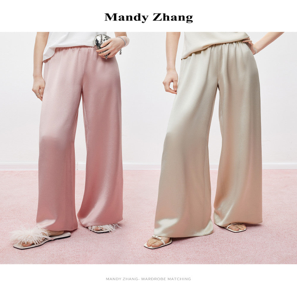 MandyZhang French CHIC Satin Acetate Straight Leg Casual Pants for Women s Summer Style Floor Pulling Wide Leg Long Pants image 1