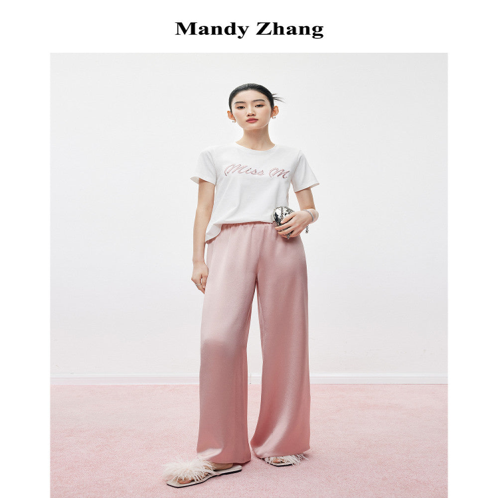 MandyZhang French CHIC Satin Acetate Straight Leg Casual Pants for Women s Summer Style Floor Pulling Wide Leg Long Pants image 2