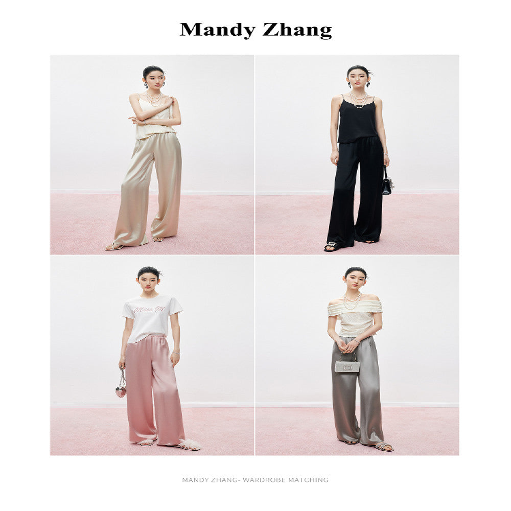 MandyZhang French CHIC Satin Acetate Straight Leg Casual Pants for Women s Summer Style Floor Pulling Wide Leg Long Pants image 3