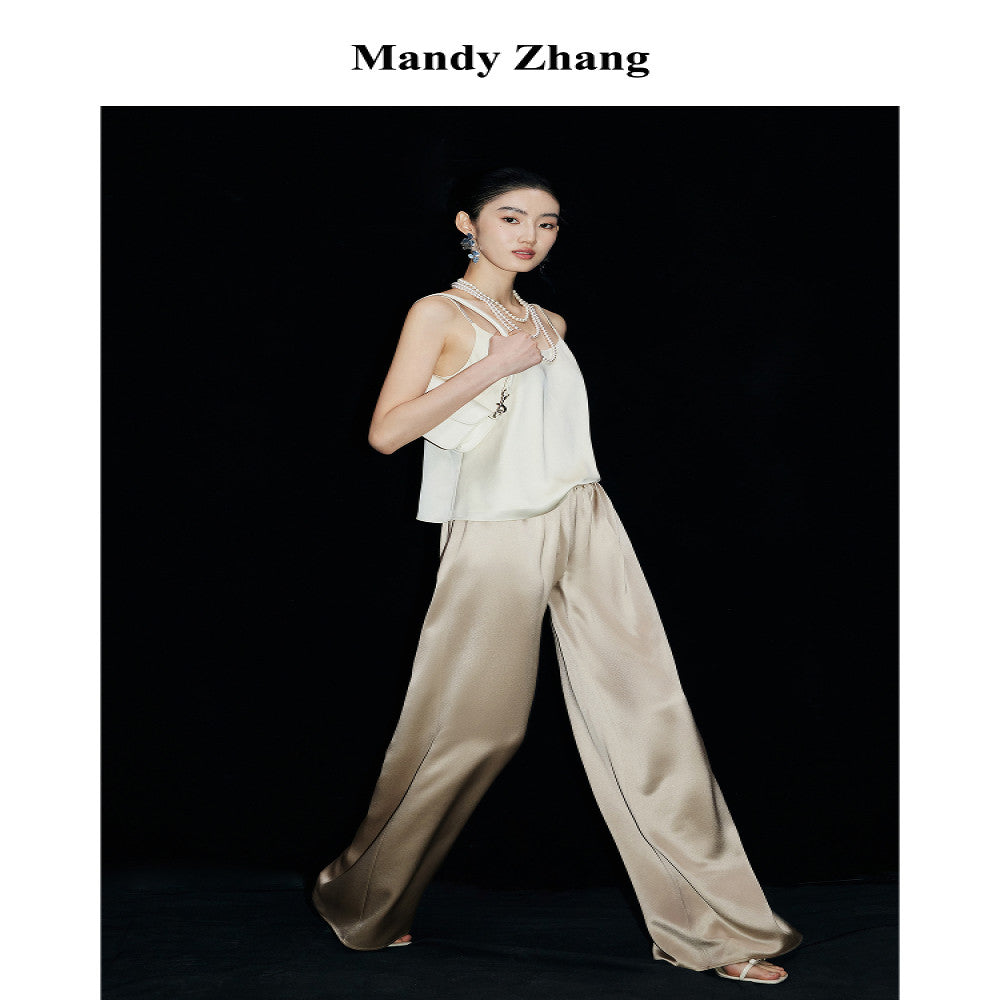 MandyZhang French CHIC Satin Acetate Straight Leg Casual Pants for Women s Summer Style Floor Pulling Wide Leg Long Pants image 4