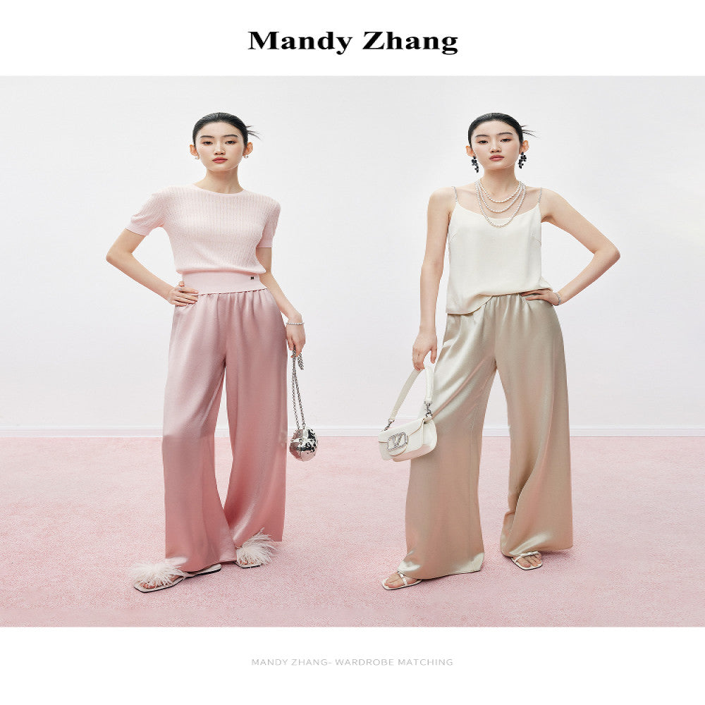 MandyZhang French CHIC Satin Acetate Straight Leg Casual Pants for Women s Summer Style Floor Pulling Wide Leg Long Pants image 5