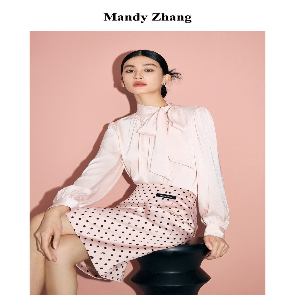 MandyZhang s light luxury temperament with a ribbon stand up collar shirt top women s autumn bow French pink long sleeved shirt image 13