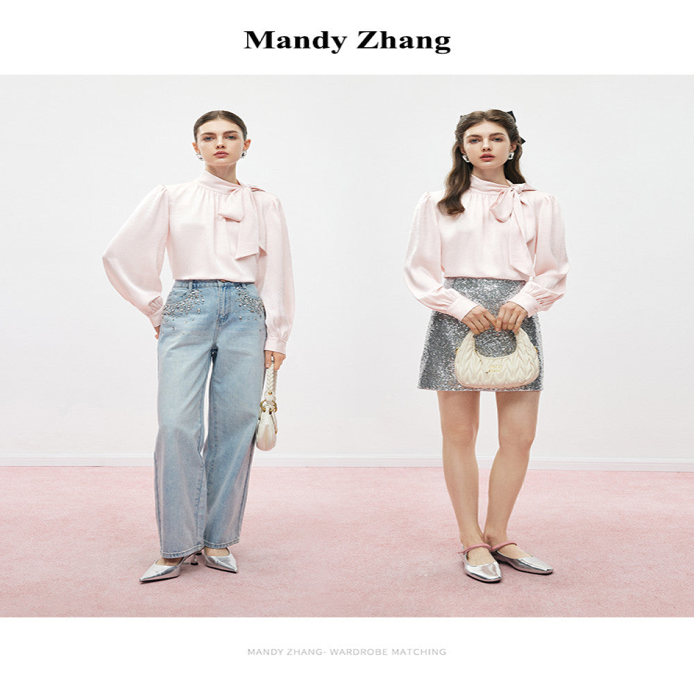 MandyZhang s light luxury temperament with a ribbon stand up collar shirt top women s autumn bow French pink long sleeved shirt image 14