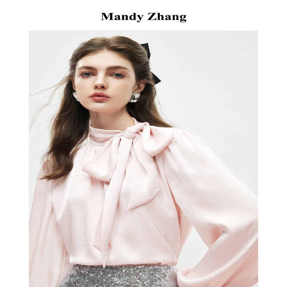 MandyZhang s light luxury temperament with a ribbon stand up collar shirt top women s autumn bow French pink long sleeved shirt image 0