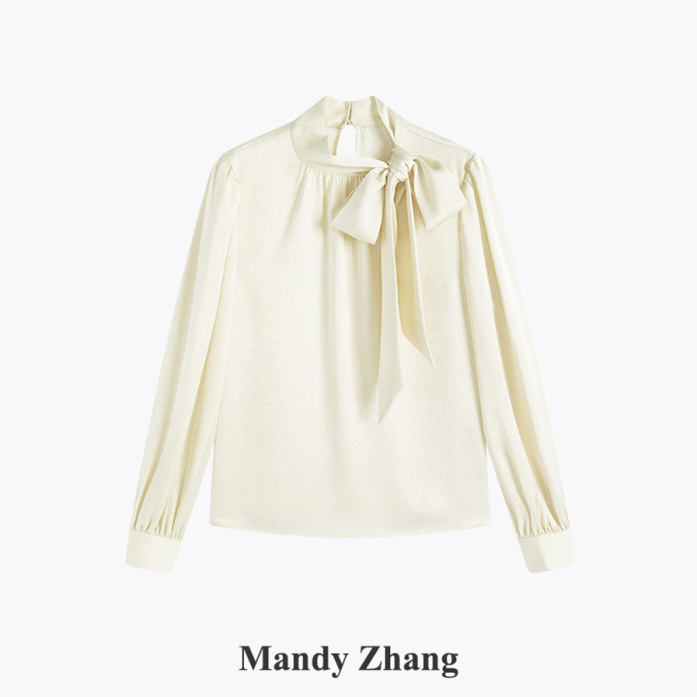 MandyZhang s light luxury temperament with a ribbon stand up collar shirt top women s autumn bow French pink long sleeved shirt image 8