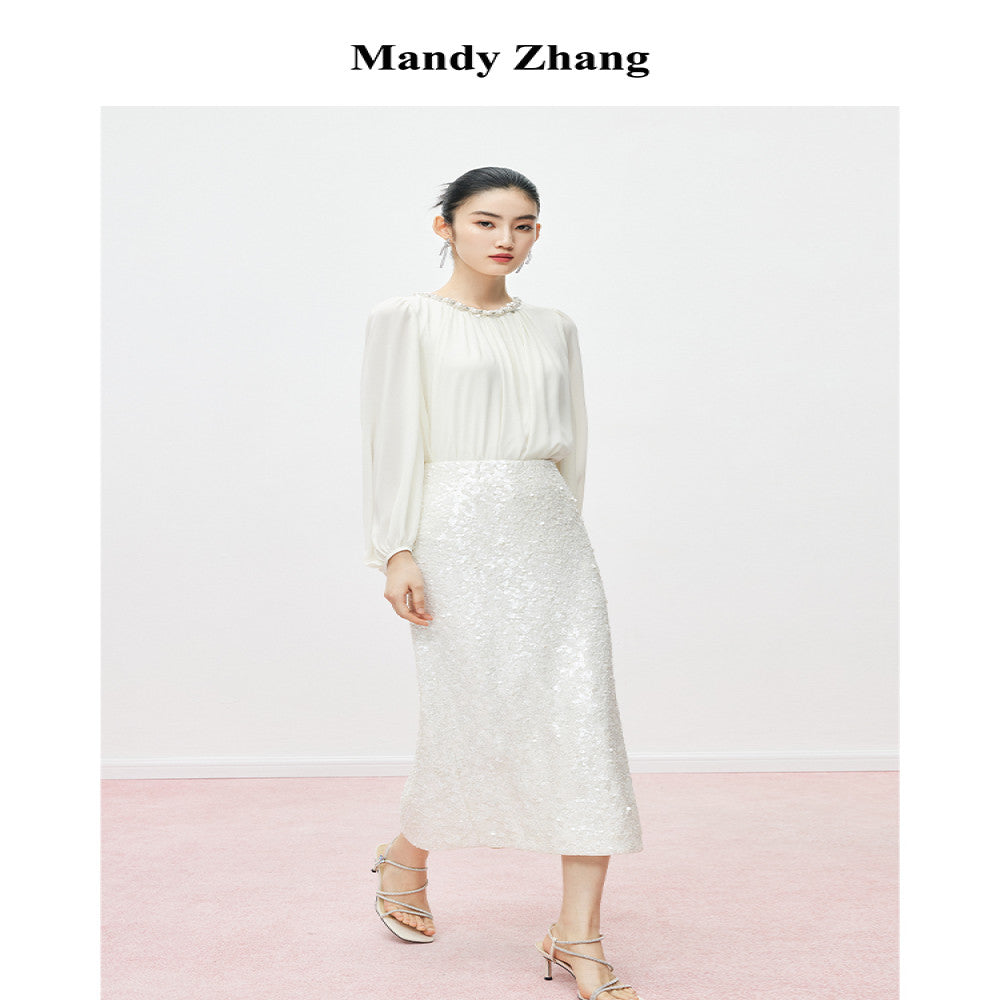 MandyZhang Heavy Industry Nail Bead sequin Round Neck Shirt for Women s Autumn Style Showing Thin and Bubbly Sleeve Long Top image 2