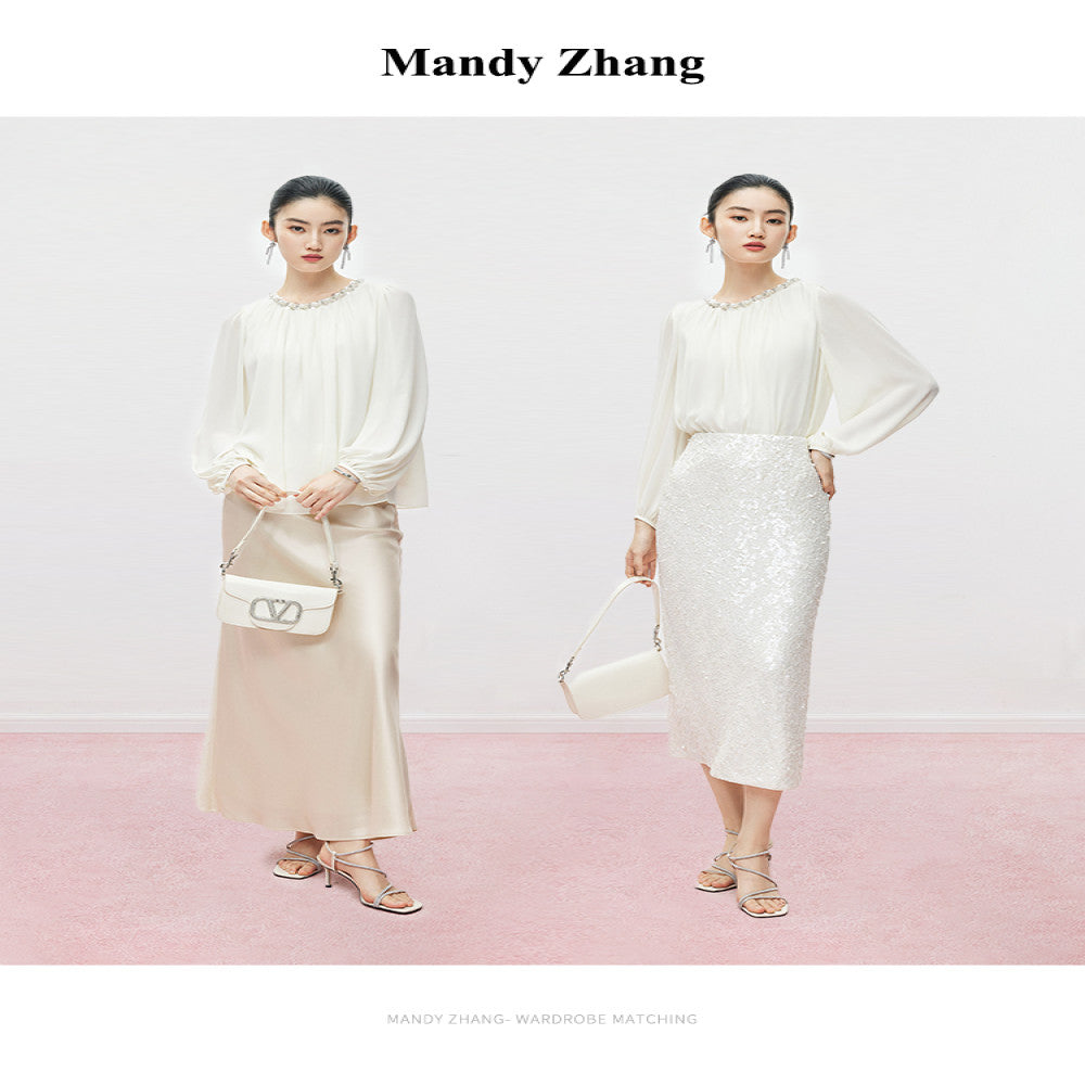 MandyZhang Heavy Industry Nail Bead sequin Round Neck Shirt for Women s Autumn Style Showing Thin and Bubbly Sleeve Long Top image 3