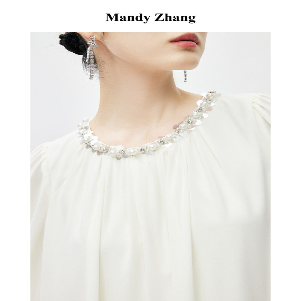 MandyZhang Heavy Industry Nail Bead sequin Round Neck Shirt for Women s Autumn Style Showing Thin and Bubbly Sleeve Long Top image 4