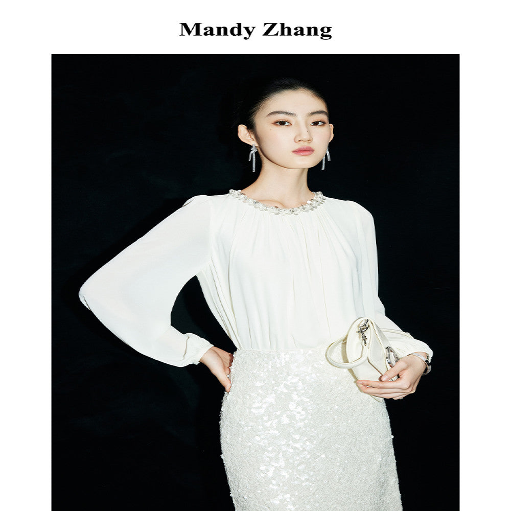 MandyZhang Heavy Industry Nail Bead sequin Round Neck Shirt for Women s Autumn Style Showing Thin and Bubbly Sleeve Long Top image 5