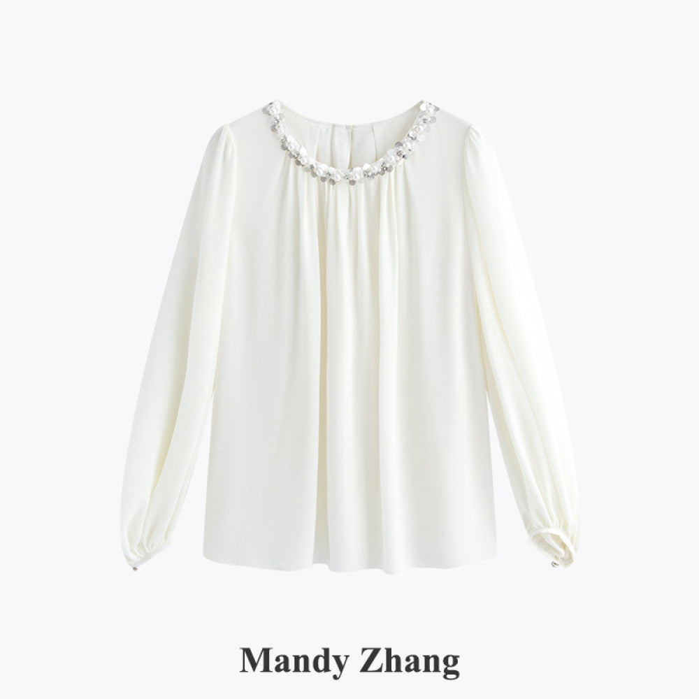 MandyZhang Heavy Industry Nail Bead sequin Round Neck Shirt for Women s Autumn Style Showing Thin and Bubbly Sleeve Long Top image 13