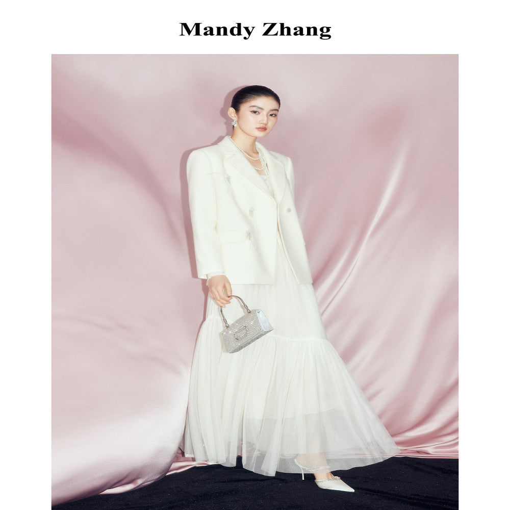 Mandy Zhang White Moonlight Charm A line White Half length Skirt for Women Autumn High End Three layer Mesh Long Skirt image 2