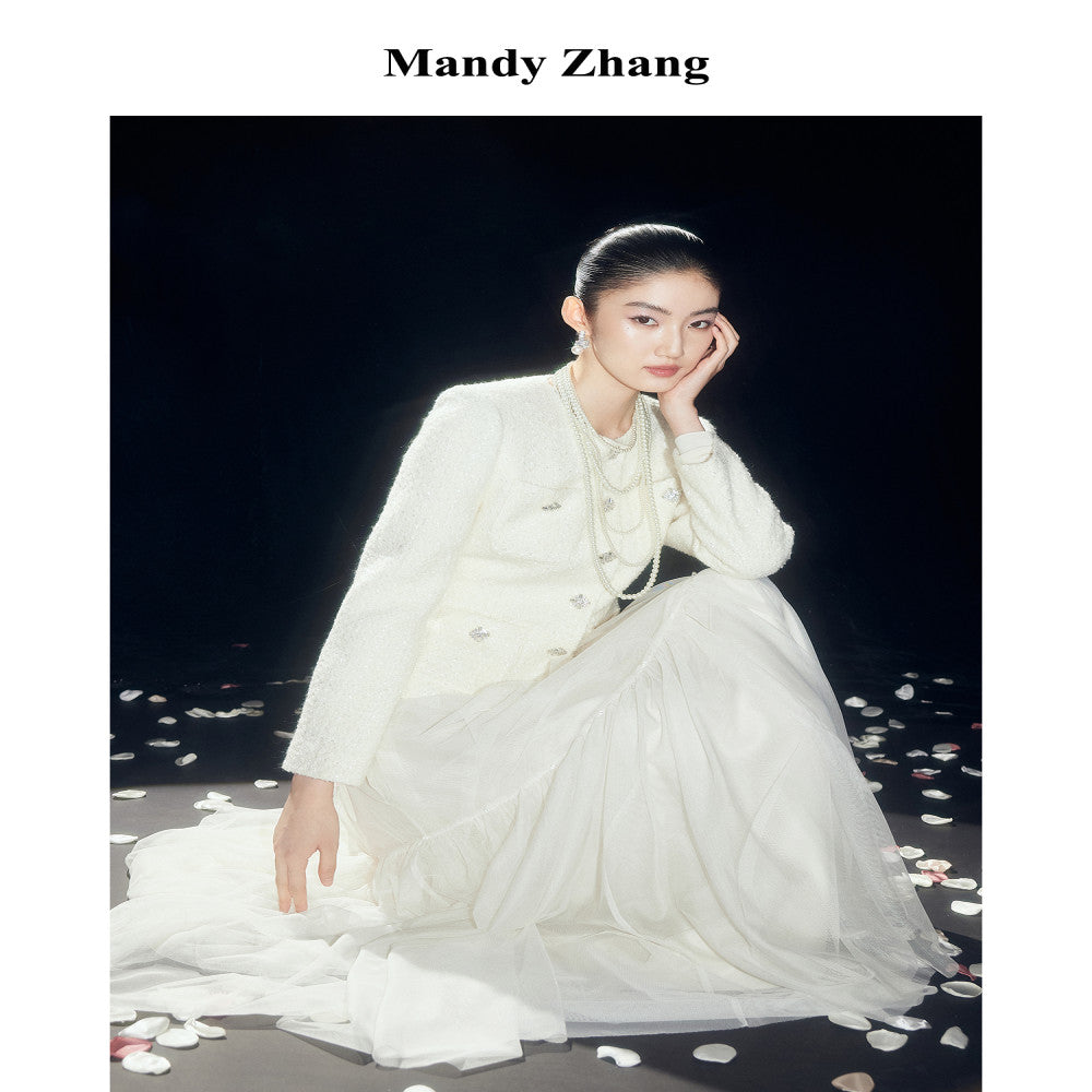 Mandy Zhang White Moonlight Charm A line White Half length Skirt for Women Autumn High End Three layer Mesh Long Skirt image 3