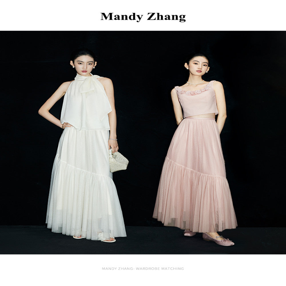 Mandy Zhang White Moonlight Charm A line White Half length Skirt for Women Autumn High End Three layer Mesh Long Skirt image 4