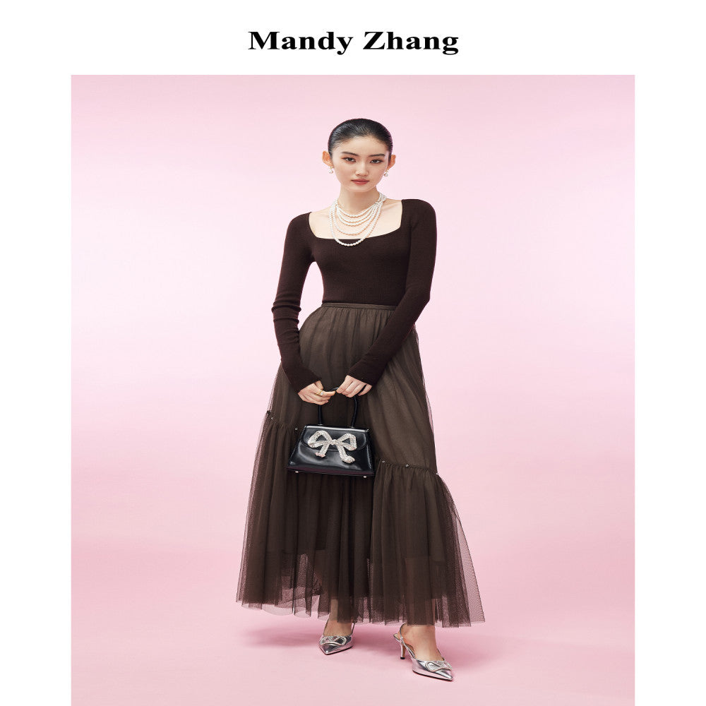 Mandy Zhang White Moonlight Charm A line White Half length Skirt for Women Autumn High End Three layer Mesh Long Skirt image 5