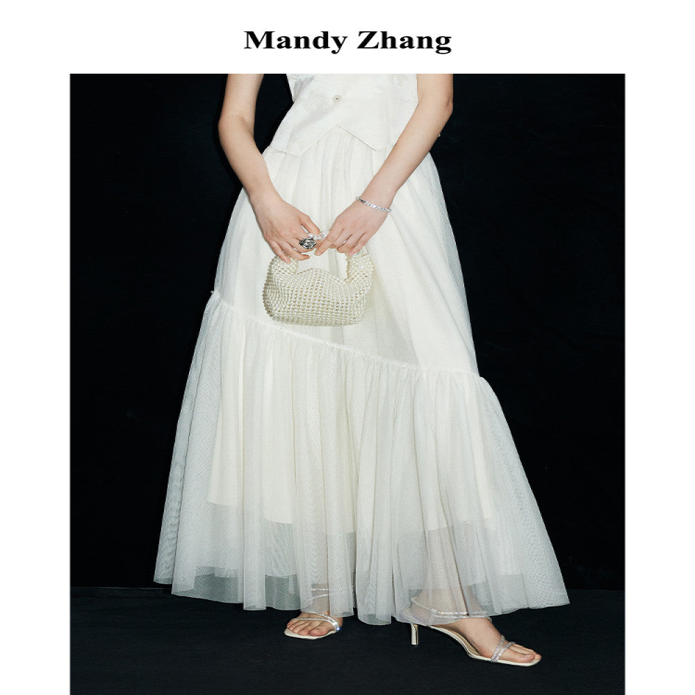 Mandy Zhang White Moonlight Charm A line White Half length Skirt for Women Autumn High End Three layer Mesh Long Skirt image 0